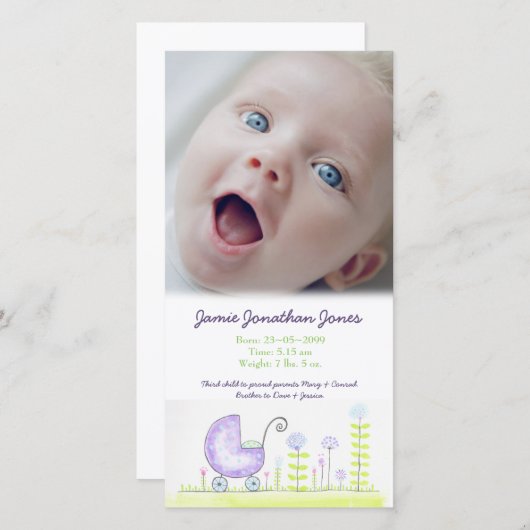 パープルPramベビー誕生発表写真カード 案内状 (正面/裏面)