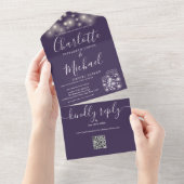 パープルQRコードメイソンジャースストリングライト結婚ズ オールインワン招待状 (貼ってはがせる)