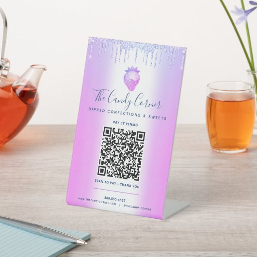 パープルQRコード支払いここにイチゴグリッタードリップ 台座サイン (インサイチュ)