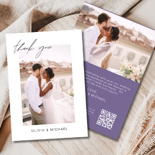パープルQRコード結婚お礼フォトカード サンキューカード