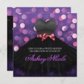 パープルSweet sixteenブラックドレス誕生日招待状 招待状 (正面/裏面)
