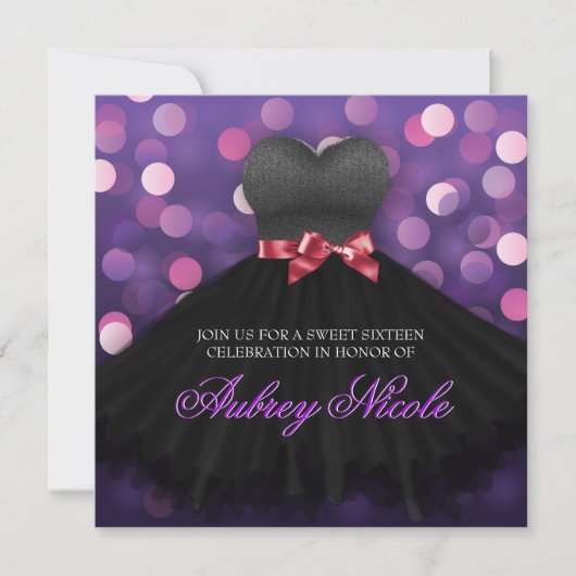 パープルSweet sixteenブラックドレス誕生日招待状 招待状 (正面)