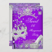 パープルSweet sixteen16マスカレードパーティーティアラ2 招待状 (正面/裏面)