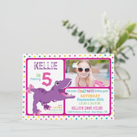 パープルTレックス恐竜水玉模様誕生日 招待状 (スタンド正面)