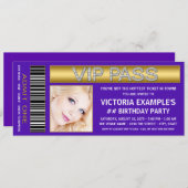 パープルVIPパス入場料チケット誕生日パーティー 招待状 (正面/裏面)