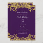 パープ王室のル&金ゴールドレースエレガントブライダルシャワー 招待状 (正面/裏面)