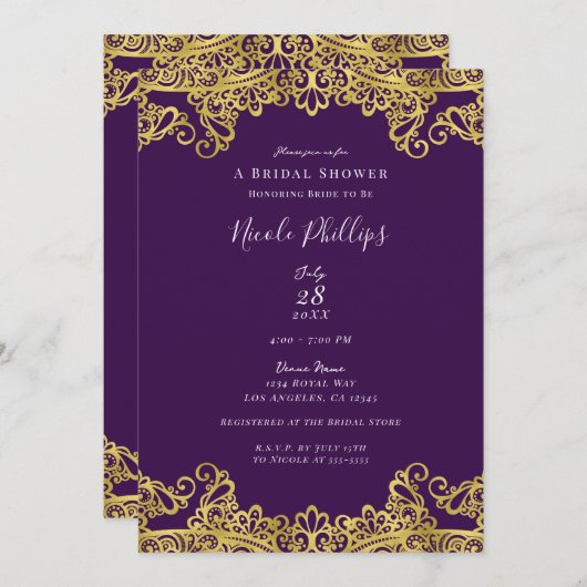パープ王室のル&金ゴールドレースエレガントブライダルシャワー 招待状 (正面/裏面)
