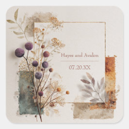 パープ素朴ル&金ゴールドフォークア結婚ート スクエアシール