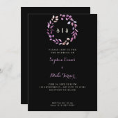 パープ葉ルモノグラムのリースブラック結婚ズ 招待状 (正面/裏面)