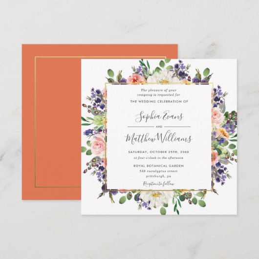 パープ鮮やかラピーチアイボリー赤面フローラ結婚ズ 招待状 (正面/裏面)