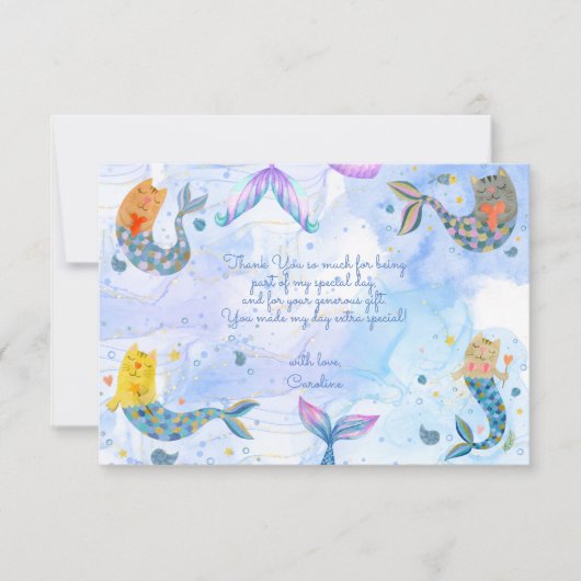 パーマイドの猫の人魚 水彩の女の子 誕生日 サンキューカード (正面)