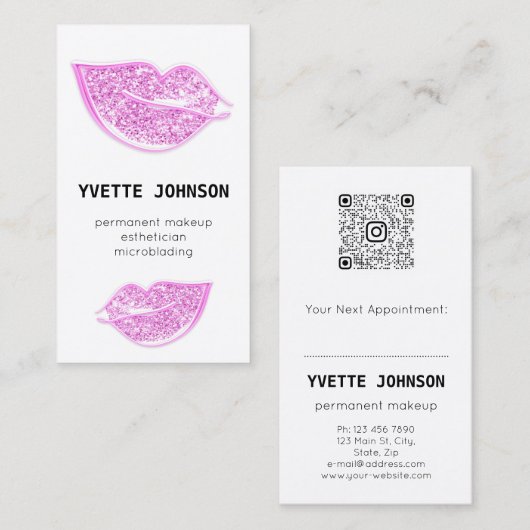 パーマネントメイクアップロゴQRCodeピンクリップグリッター 名刺 (正面/裏面)
