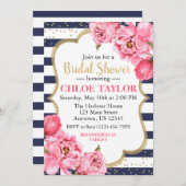 パーミングピーニーズピンク&ネイビーブライダルシャワー 招待状 (正面/裏面)