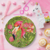 パームとモンステラのジャングルにピンクのフラミンゴ ペーパープレート (パーティー)