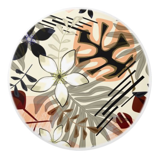 パームとモンステラ葉の、熱帯 セラミックノブ (正面)