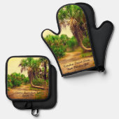 パームの木々が並ぶ熱帯フロリダの歩道 鍋つかみ&鍋敷きセット (正面/裏面)