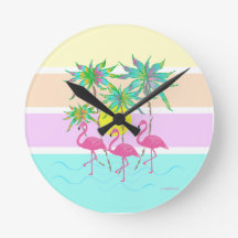 パームの木とピンクのフラミンゴカッコいい、ラウンドクロック