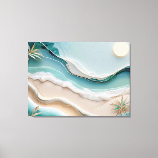 パームの木とミニマルなモザイクビーチの風景 キャンバスプリント (正面)