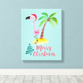 パームの木のクリスマスによってサンタハットのピンクのフラミンゴ キャンバスプリント (インサイチュ (ウッドフロア))