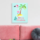 パームの木のクリスマスによってサンタハットのピンクのフラミンゴ キャンバスプリント (インサイチュ (リビング))