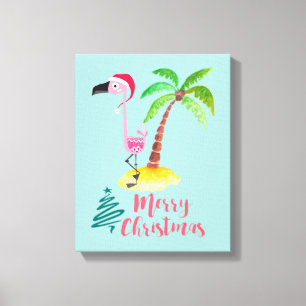 パームの木のクリスマスによってサンタハットのピンクのフラミンゴ キャンバスプリント