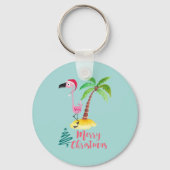 パームの木のクリスマスによってサンタハットのピンクのフラミンゴ キーホルダー (正面)