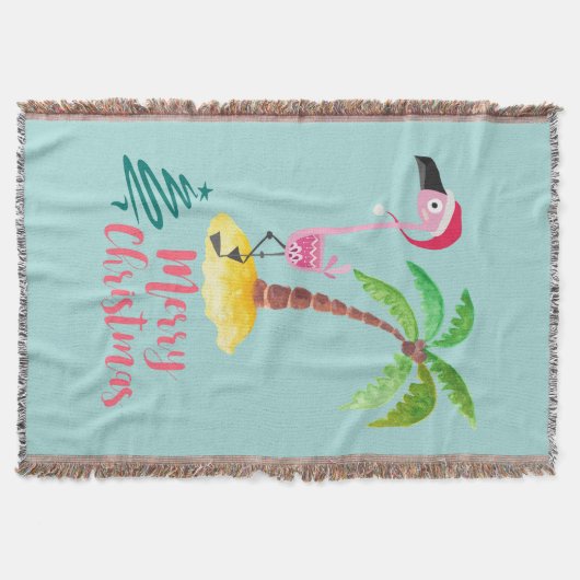 パームの木のクリスマスによってサンタハットのピンクのフラミンゴ スローブランケット (正面)