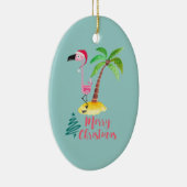 パームの木のクリスマスによってサンタハットのピンクのフラミンゴ セラミックオーナメント (右)