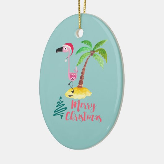 パームの木のクリスマスによってサンタハットのピンクのフラミンゴ セラミックオーナメント (左)