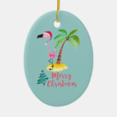 パームの木のクリスマスによってサンタハットのピンクのフラミンゴ セラミックオーナメント (正面)