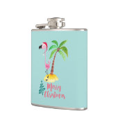 パームの木のクリスマスによってサンタハットのピンクのフラミンゴ フラスク (左)