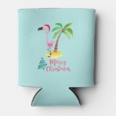 パームの木のクリスマスによってサンタハットのピンクのフラミンゴ 缶クーラー (正面)