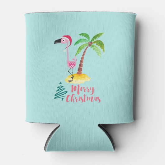 パームの木のクリスマスによってサンタハットのピンクのフラミンゴ 缶クーラー (正面)