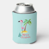 パームの木のクリスマスによってサンタハットのピンクのフラミンゴ 缶クーラー (缶裏面)