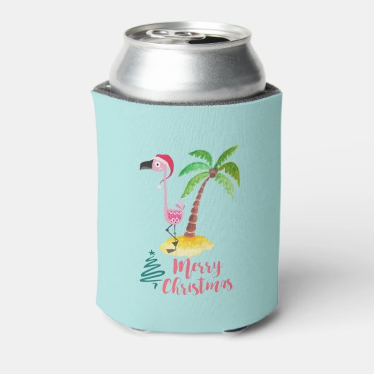 パームの木のクリスマスによってサンタハットのピンクのフラミンゴ 缶クーラー (缶裏面)