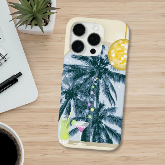 パームの木の下でパーティーライトとカクテル ディスコボール 黄色の背景にパームの木 Case-Mate iPhoneケース