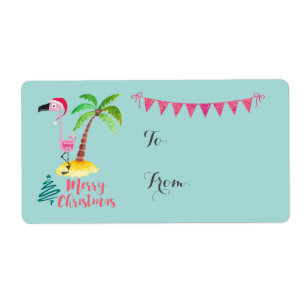 パームの木の贈り物とメリークリスマスピンクのフラミンゴ ラベル