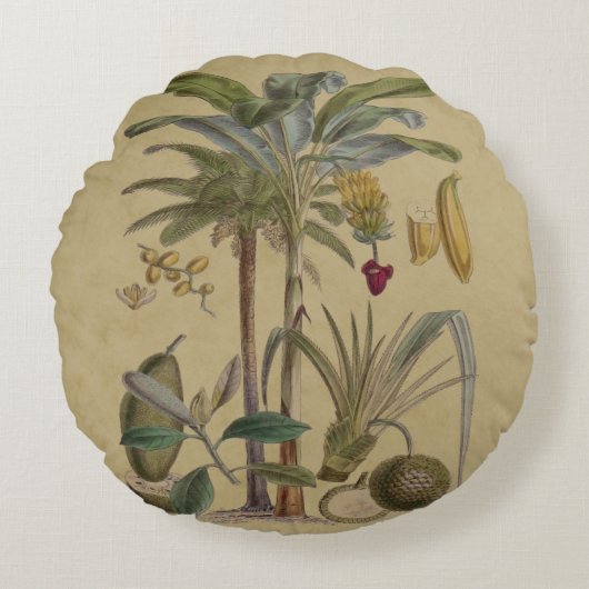 パームアンティークトロピカルフルーツ植物芸術 ラウンドクッション (正面)