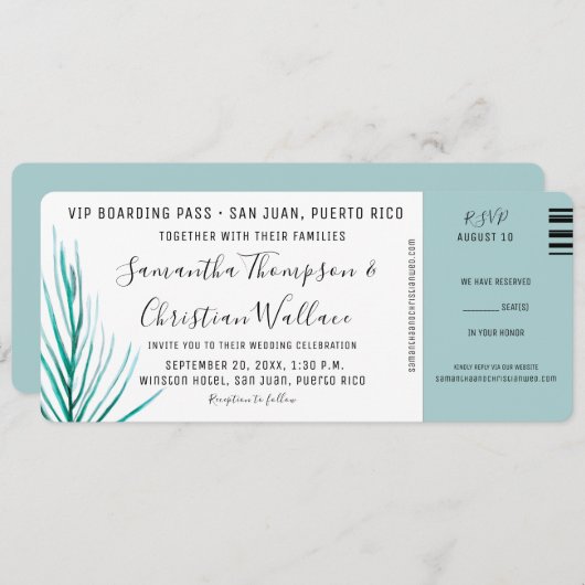 パームウォーターカラーシックな目的地の結婚式 招待状 (正面/裏面)