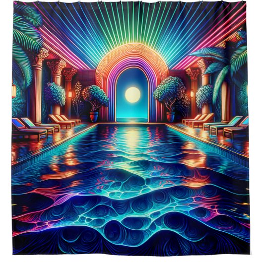 「パームエレガントの木が植えられたアールデコ屋内プール」 シャワーカーテン (正面)