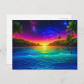 パームカラフルの木が咲く熱帯海の夕日 ポストカード (正面/裏面)