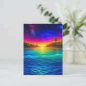 パームカラフルの木が咲く熱帯海の夕日 ポストカード (スタンド正面)