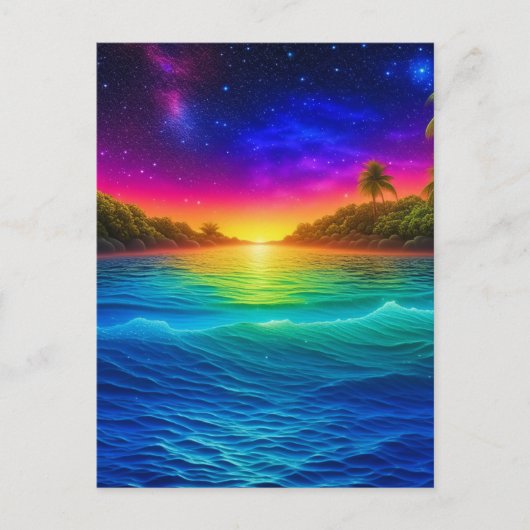 パームカラフルの木が咲く熱帯海の夕日 ポストカード (正面)