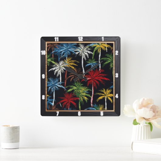 パームカラフルツリーズブラック スクエア壁時計 (ホーム)