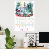 パームガーデンセレニティ: 2026 フラミンゴカレンダー ポスター (ホームオフィス)