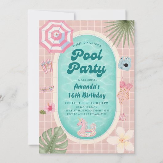 パームスプリングスの夏のパーティー誕生日招待状 招待状 (正面)