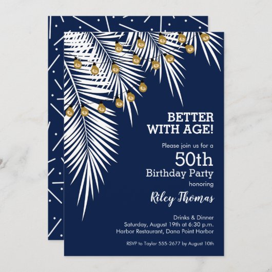 パームズオンネイビーブルーバースデーパーティー 招待状 (正面/裏面)