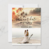 パームツリーとオレンジ色の夕焼けのビーチ Save the Date 招待状 (正面)