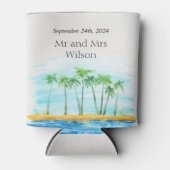 パームツリーとビーチ結婚式 缶クーラー (正面)