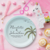 パームツリーと鳥のシンプルビーチウェディング ペーパープレート (パーティー)